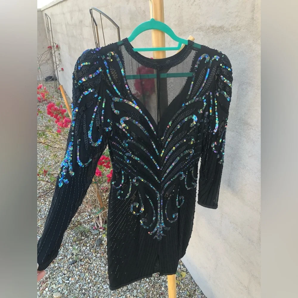 Vintage  mesh sequin beaded silk mini dress with long sleeve holiday sparkle - Picture 13 of 16